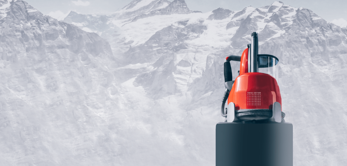 Laurastar, le savoir-faire suisse depuis plus de 40 ans. Une montagne suisse en arrière-plan, soulignant l'expertise de la marque dans la fabrication de produits de haute qualité.